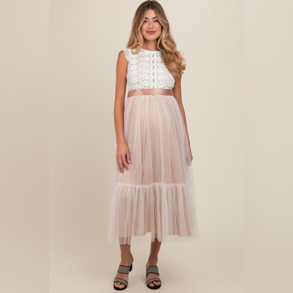 Elegant Lace Midi Dress - White and Nude - Picture 1 of 5